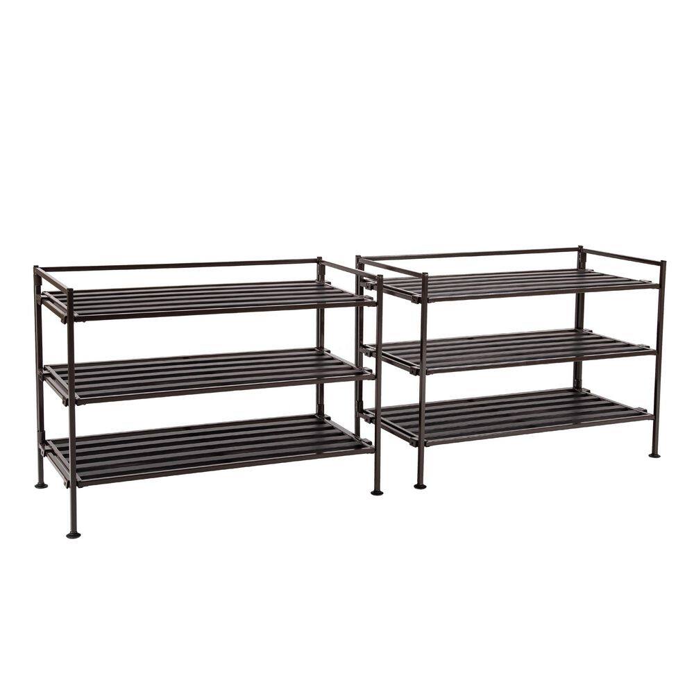 Seville Classics 18.5 in. H 9-Pair 3-Tier Espresso Resin Slat Iron Frame Stackable 2-Pack Shoe Rack WEB146