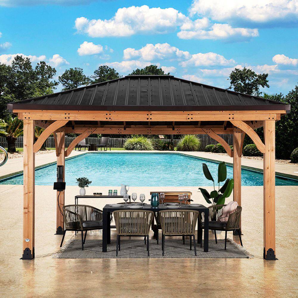 Backyard Discovery Barrington 14 ft. x 12 ft. All Cedar Wood Outdoor Gazebo Structure w/ Hard Top Steel Metal Hip Roof and Electric, Brown 2206045COM