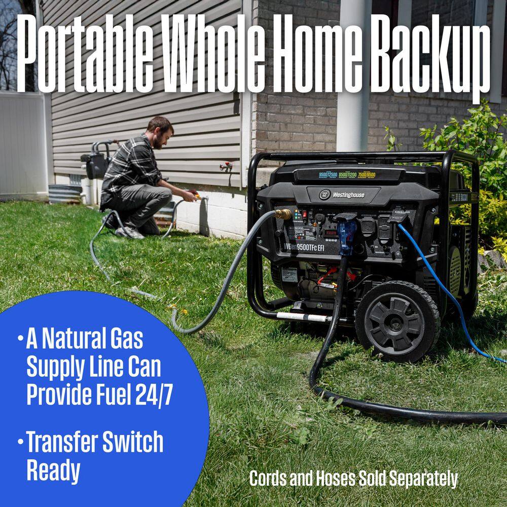 Westinghouse 12,500/9,500-Watt Tri-Fuel Gas, Propane, Natural Gas Powered EFI Portable Generator, Remote Electric Start, 50A Outlet WGen9500TFc EFI