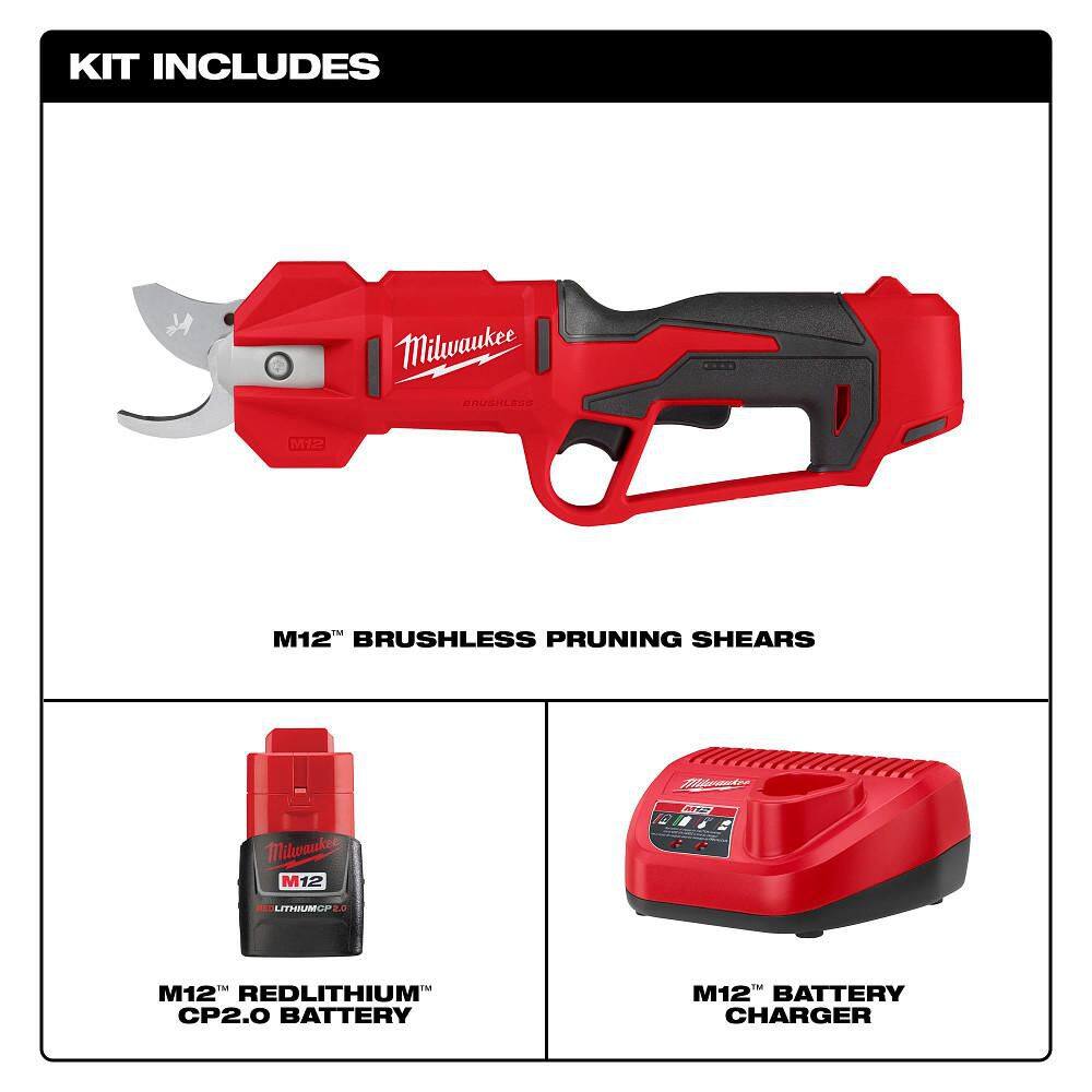 Milwaukee M12 12V Cordless Brushless Pruner Shears Kit W/ 2.0 Ah Battery & Charger 2534-21