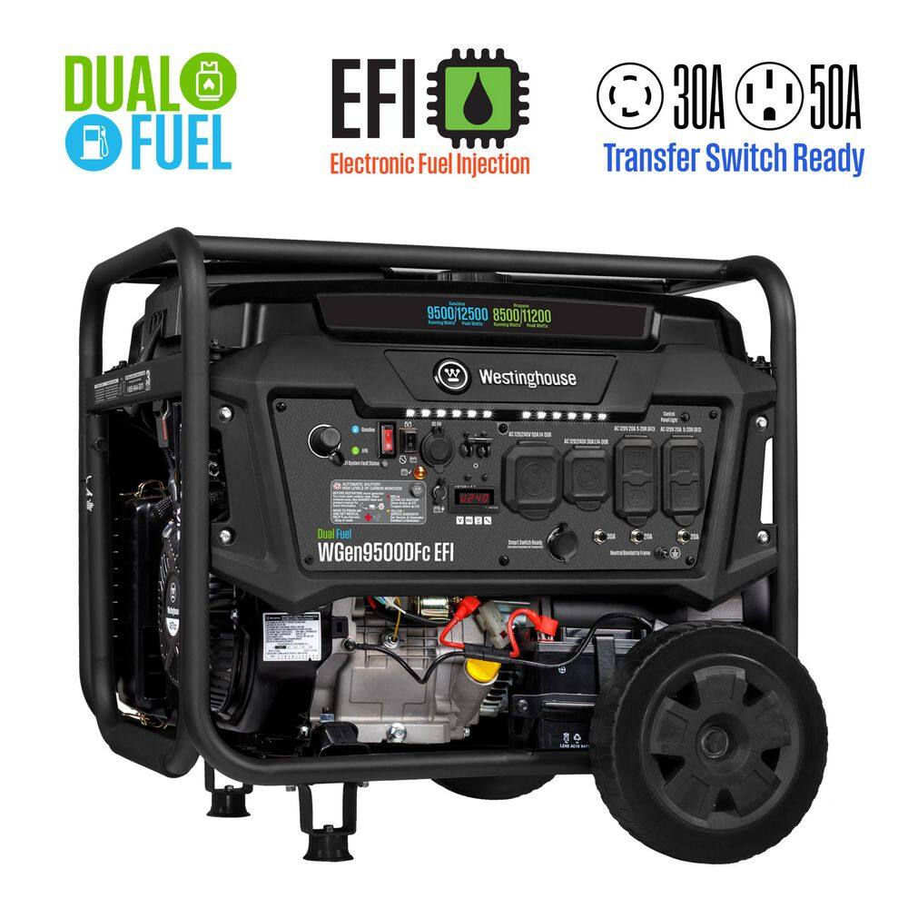 Westinghouse 12,500/9,500-Watt Dual Fuel Gas and Propane Powered EFI Portable Generator with Remote Electric Start, 50 Amp Outlet WGen9500DFc EFI