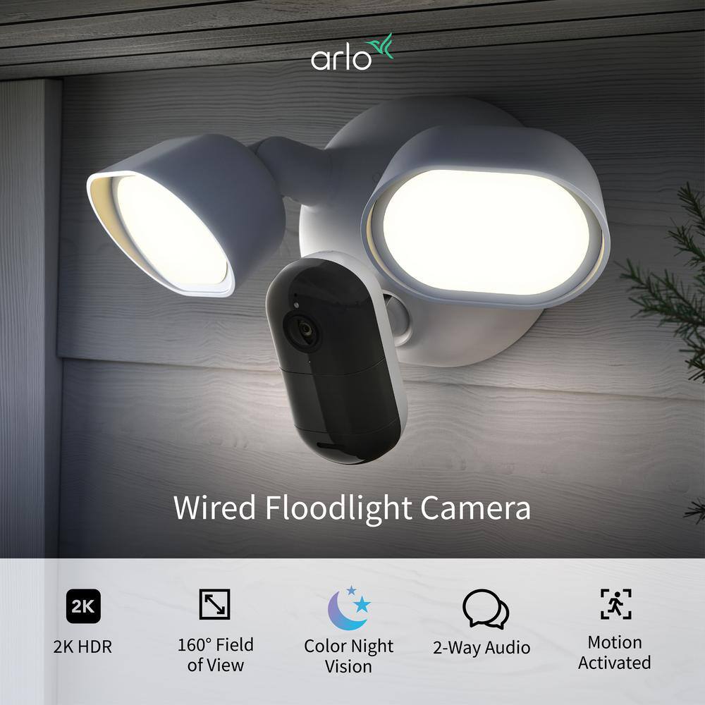 Arlo Outdoor Smart Hardwired Floodlight 2K HDR Security Camera with 160-Field of View, 2-Way Talk, Color Night Vision, White FLW2001-100NAS