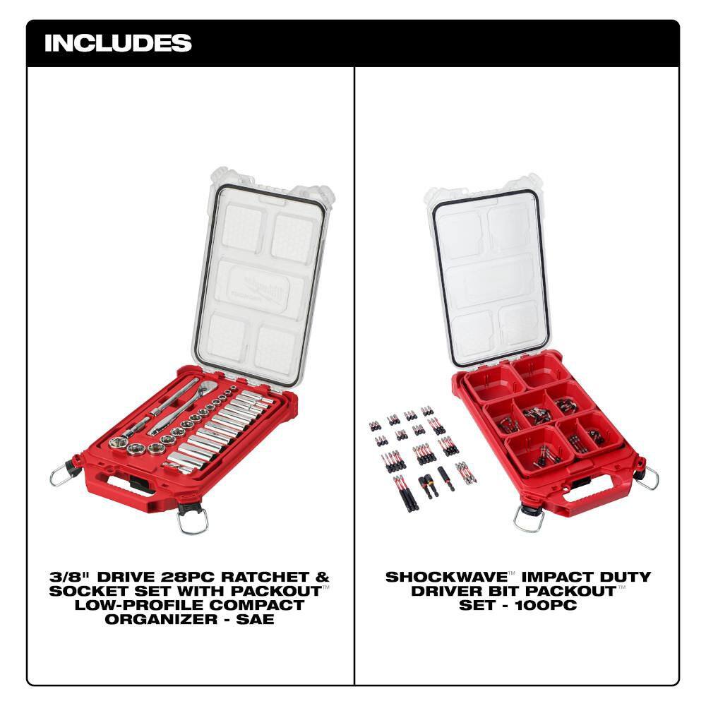 Milwaukee 3/8 in. Drive SAE Ratchet and Socket Mechanics Tool Set and SHOCKWAVE Driver Bit Set with PACKOUT Cases (128-Piece) 48-22-9481-48-32-4082