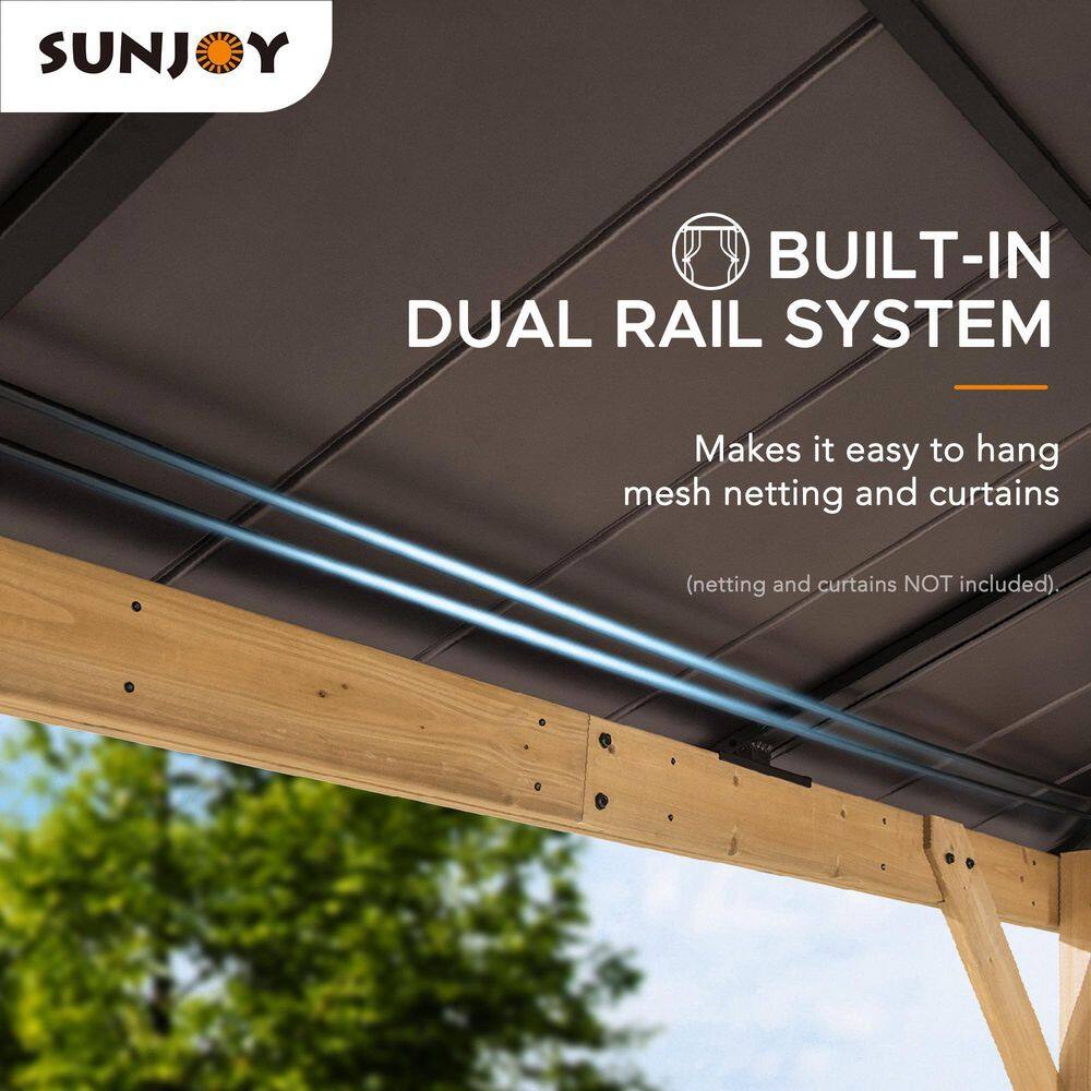 Sunjoy Macie Outdoor Patio 13 ft. x 15 ft. Brown Wooden Frame Backyard Hardtop Gazebo with Ceiling Hook A102007602