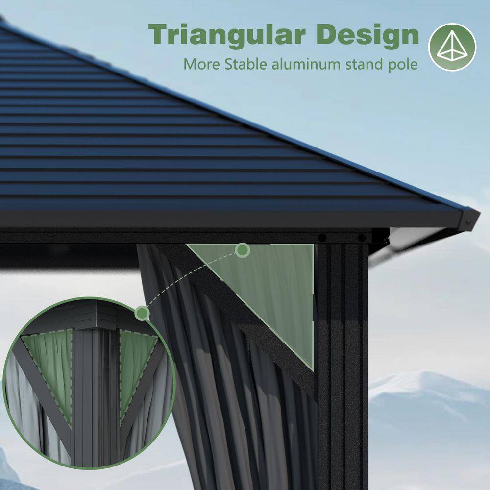 VEIKOUS 12 ft. W x 10 ft. L x 8.7 ft. H Aluminum Hardtop Gazebo with Grey Curtains and Netting PG0201-20-1