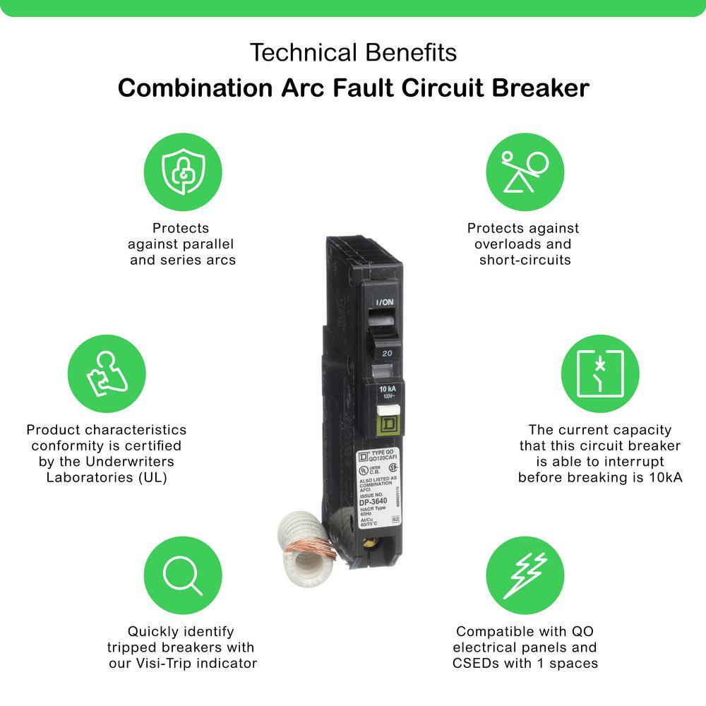Square D QO 20 Amp Single-Pole Combination Arc Fault Circuit Breaker(QO120CAFIC) QO120CAFIC