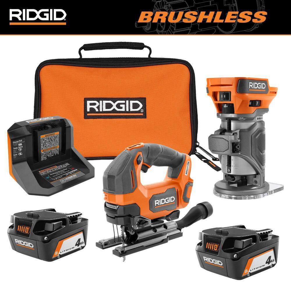RIDGID 18V Brushless Cordless 2-Tool Combo Kit with Jig Saw, Router, (2) 4.0 Ah Batteries, and Charger AC93044SBN-R920444SB