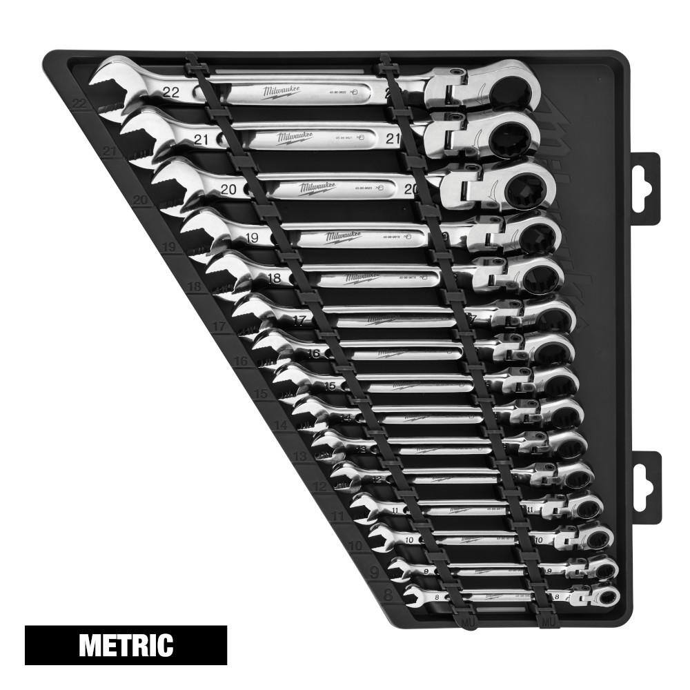 Milwaukee 3/8 in. Drive SAE/Metric Ratchet and Socket Mechanics Tool Set with SAE/Metric Flex-Head Combination Wrenches (86-Piece) 48-22-9008-48-22-9513-48-22-9413