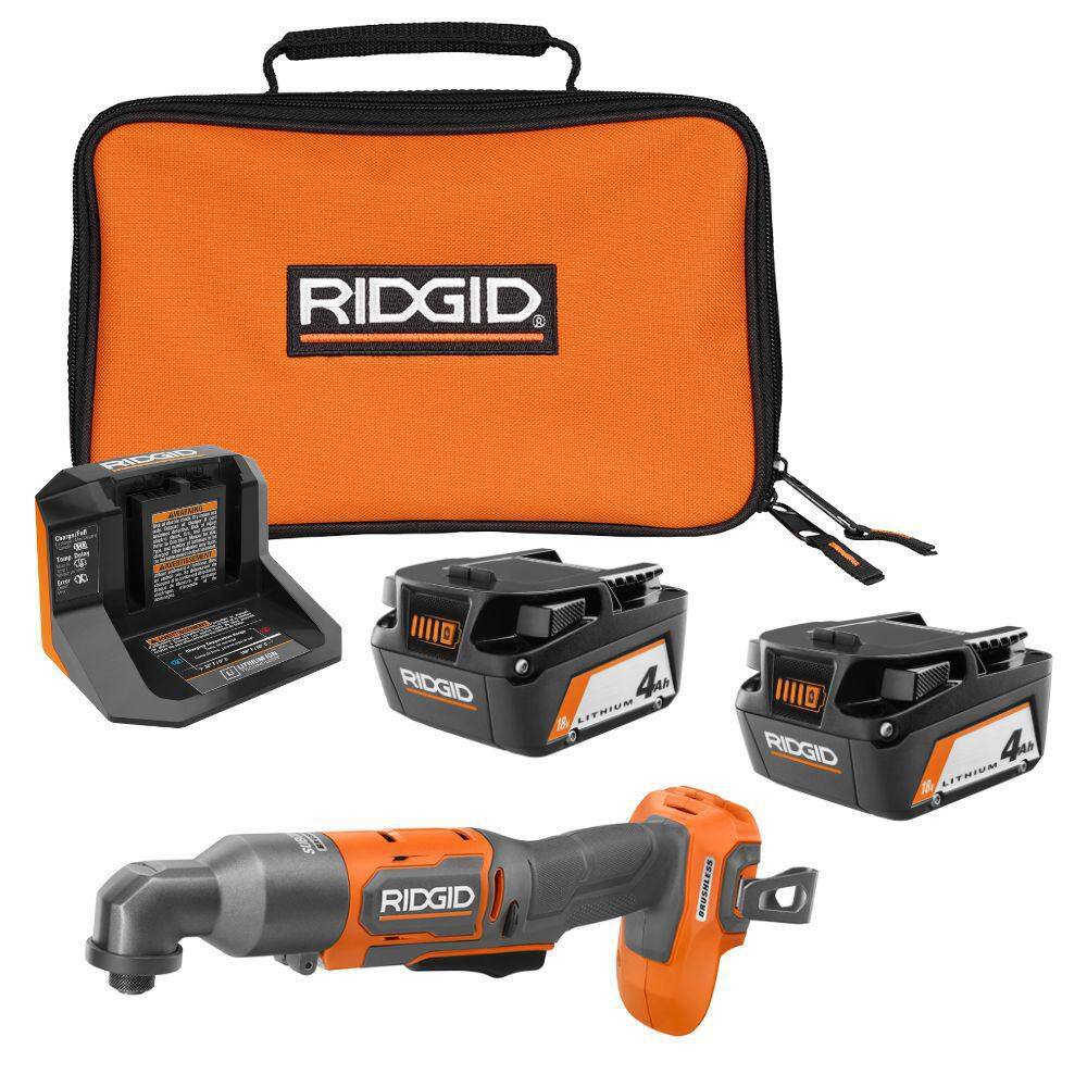 RIDGID 18V (2) 4.0 Ah Batteries and Charger Kit with 18V Subcompact Brushless Cordless Right Angle Impact Driver AC93044SBN-R87730B