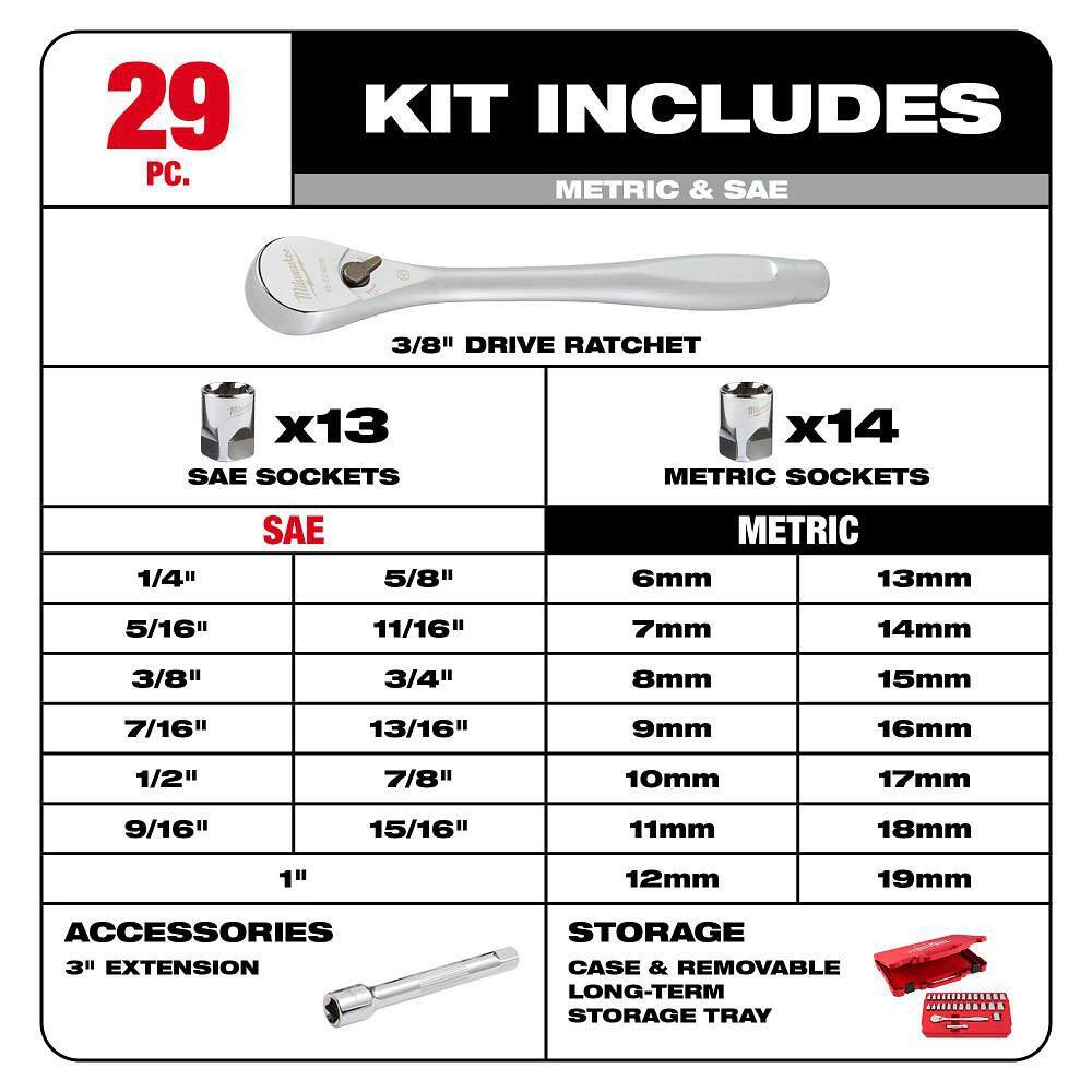 Milwaukee 3/8 in. Drive SAE/Metric Ratchet and Socket Mechanics Tool Set (29-Piece) 48-22-9088