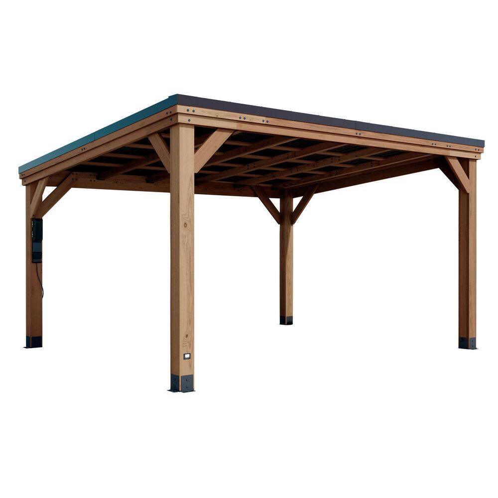 Backyard Discovery Arcadia 12 ft. x 14 ft. Light Brown Cedar Wood Outdoor Patio Gazebo with Hardtop Galvanized Steel Slope Roof, PowerPort 2406063com