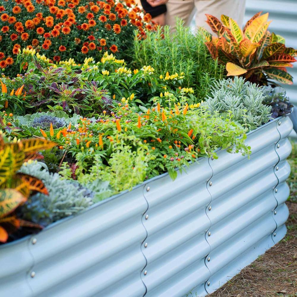 vego garden 32 in. Extra Tall Raised Garden Bed Kits 9-In-1 Modular Planter Box for Vegetables Flowers Fruits Oval Metal Sky Blue VB9N132SB