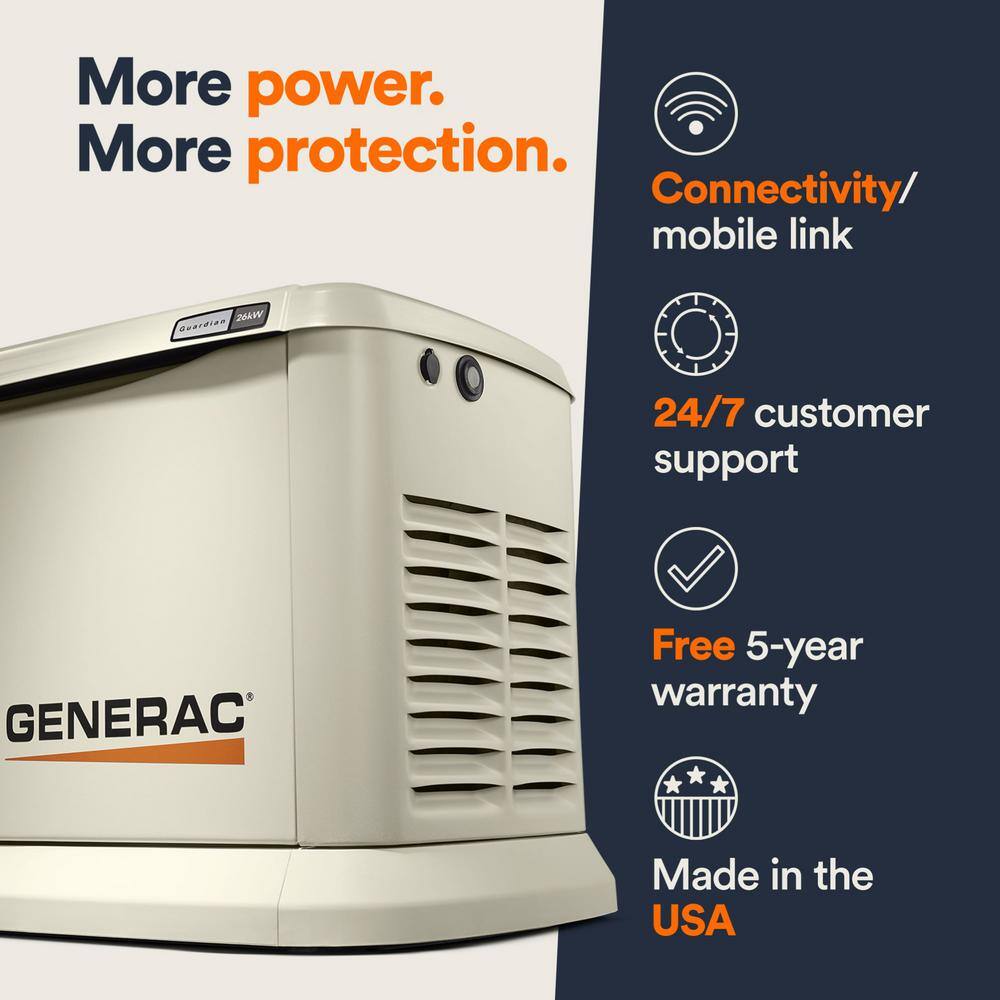 Generac 26,000 Watt - Dual Fuel Air- Cooled Whole House Home Standby Generator, Smart Home Monitoring 7290