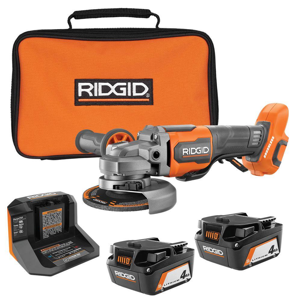 RIDGID 18V Brushless Cordless 4-1/2 in. Paddle Switch Angle Grinder with (2) 4.0 Ah Batteries, Charger, and Bag R86047B-AC93044SBN