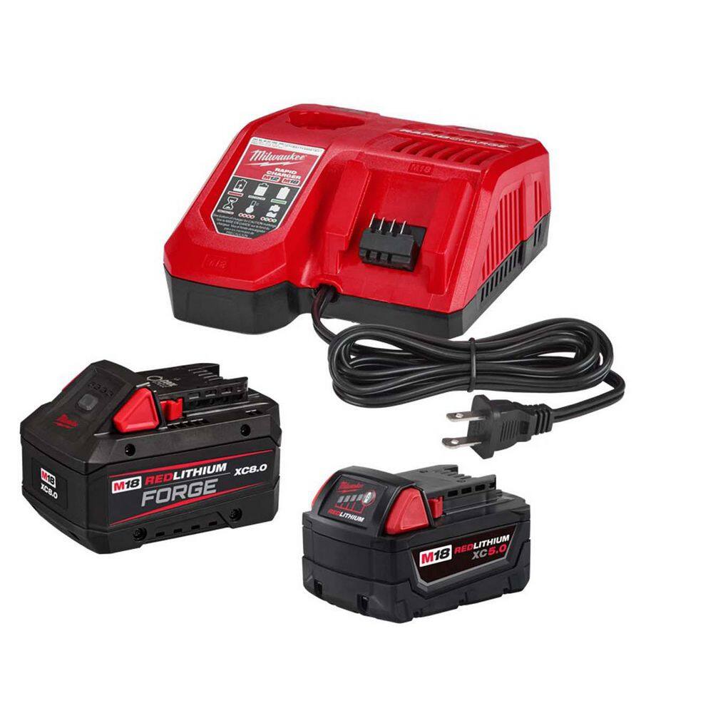 Milwaukee M18 18-Volt Lith-Ion Redlithium FORGE Starter Kit w/ 8. 0Ah Battery & Rapid Charger w/ 5.0 Ah Battery 48-59-1881-48-11-1850