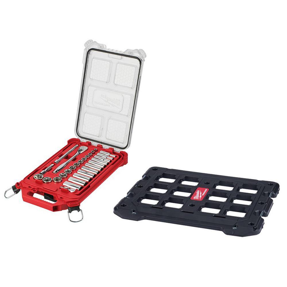 Milwaukee 3/8 in. Drive SAE Ratchet and Socket Mechanics Tool Set with Packout Case and Packout Mounting Plate (29-Piece) 48-22-9481-48-22-8485