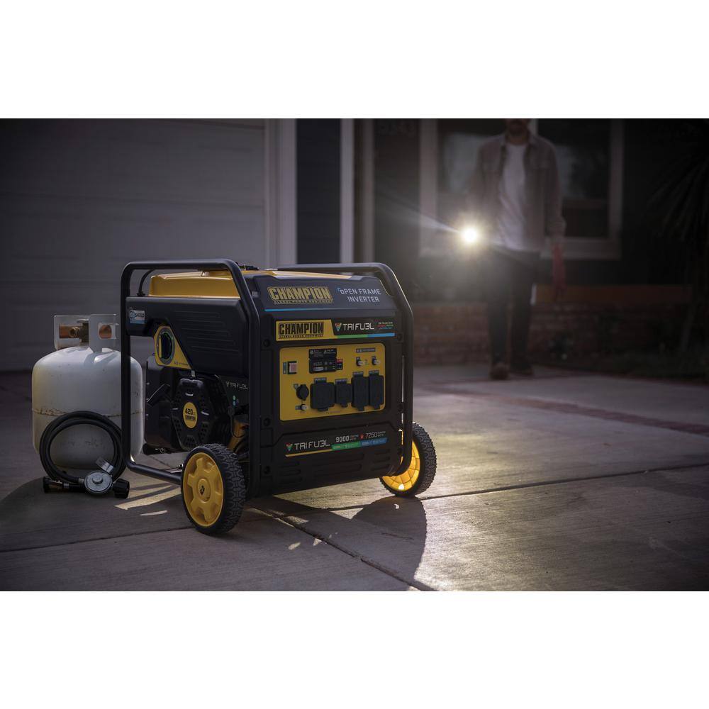 Champion Power Equipment 9000-Watt Electric Start Gasoline Propane and Natural Gas Tri Fuel Open Frame Inverter Generator, CO Shield, NG/LPG Hose 201176