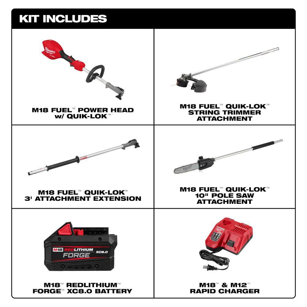 Milwaukee M18 FUEL 18V 16 in. Brushless Cordless QUIK-LOK String Trimmer 8.0 Ah FORGE Kit w/ Pole Saw & 3 ft Extension Attachments 3016-21ST-49-16-2720-49-16-2721