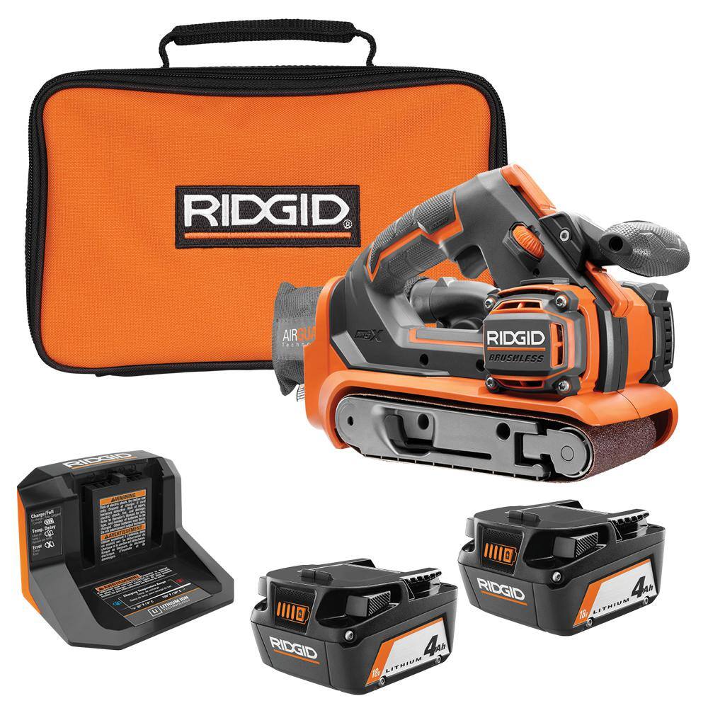 RIDGID 18V Brushless Cordless 3 in. x 18 in. Belt Sander with (2) 4.0 Ah Batteries, Charger, and Bag R86065B-AC93044SBN