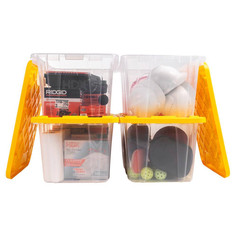 HDX 27 Gal. Tough Storage Tote in Clear with Yellow Lid (4-Pack) 999-HDX-27G-C4