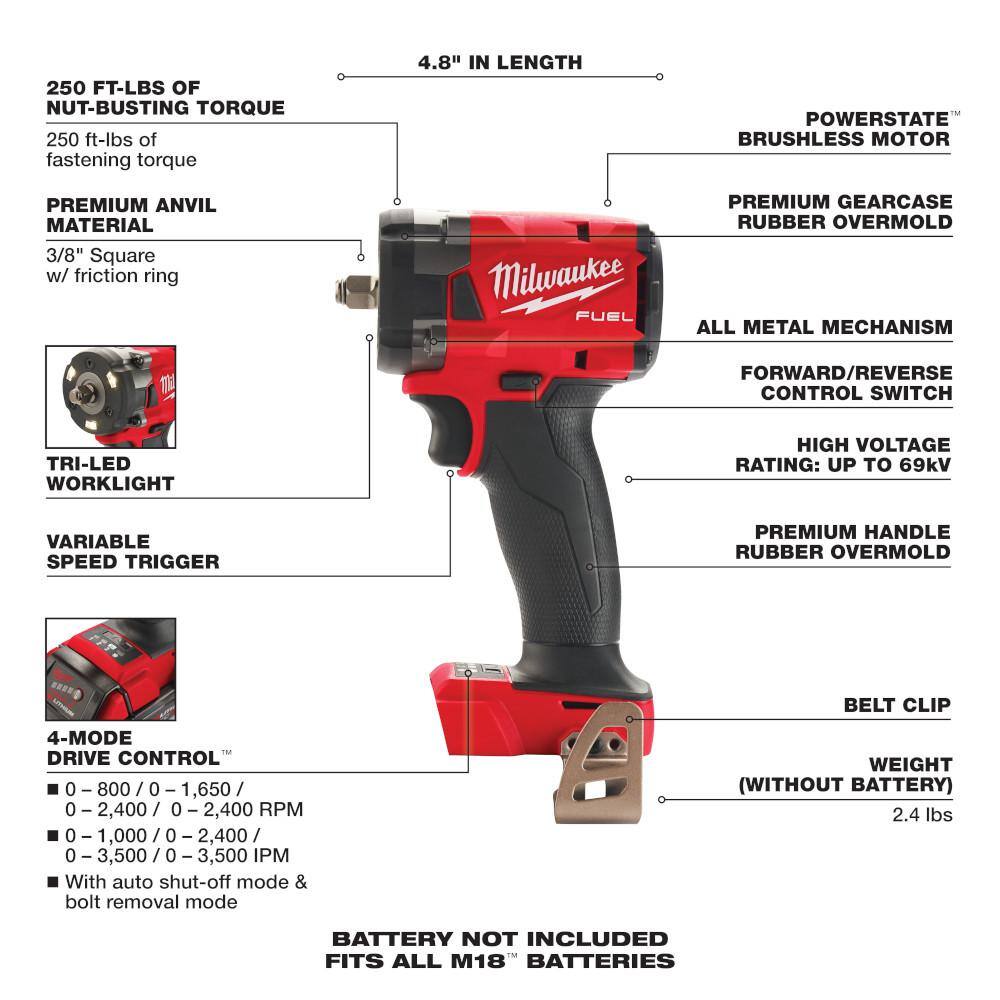 Milwaukee M18 FUEL 16 in. 18V Brushless Battery Electric Chainsaw w/3/8 in. Compact Impact Wrench w/Friction Ring Two 6Ah 2727-20-2854-20-48-11-1862