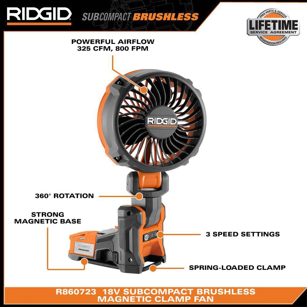RIDGID 18V SubCompact Brushless Cordless Magnetic Clamp Fan 2-Pack with (2) 4.0 Ah Batteries, Charger, and Bag R860723B-R860723B-AC93044SBN
