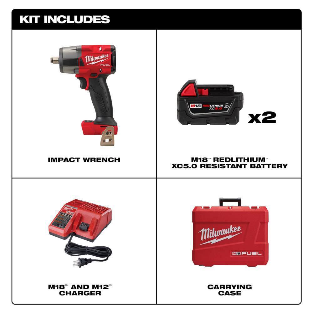 Milwaukee M18 FUEL 18V Lithium-Ion Brushless Cordless 1/2 in. Mid-Torque Impact Wrench with Friction Ring Kit & Impact Socket Set 2962-22R-49-66-6804