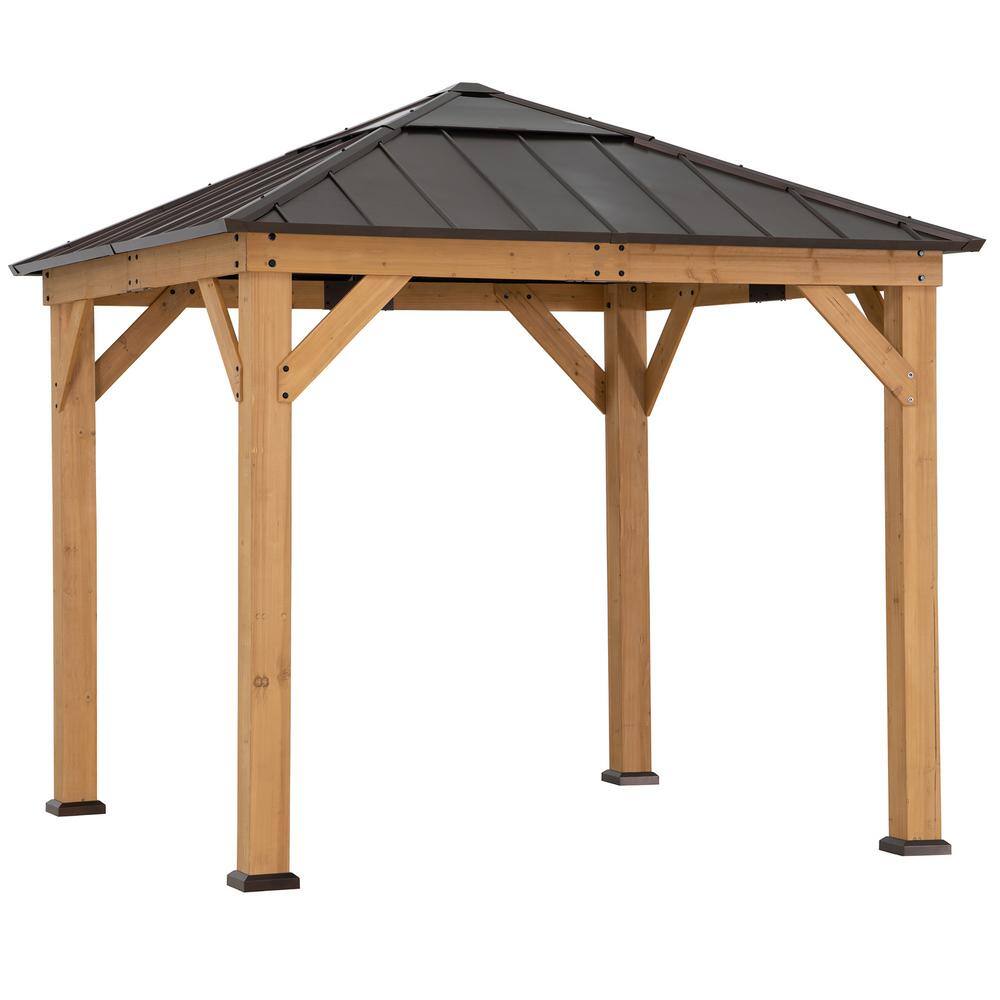 Sunjoy Aurora 9 ft. x 9 ft. Cedar Framed Gazebo with Brown Steel and Polycarbonate Hip Roof Hardtop and Ceiling Hook for Garden A102007060