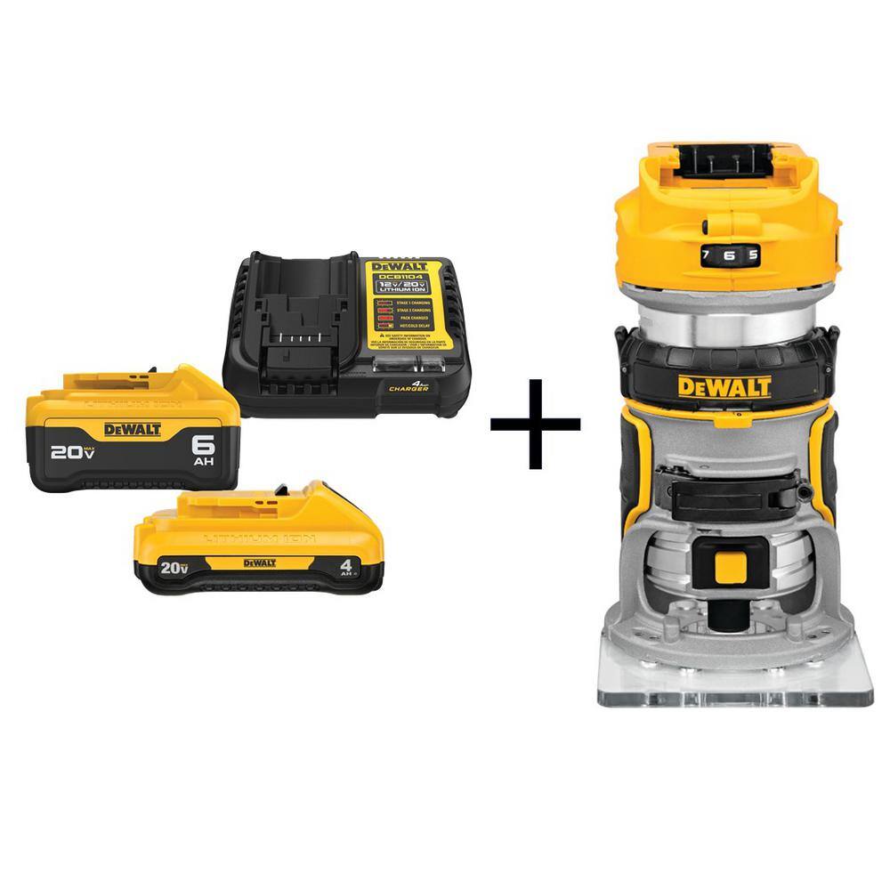 DEWALT 20V MAX XR Cordless Brushless Compact Router with 6.0 Ah and 4.0 Ah Starter Kit DCW600BWCB2460C
