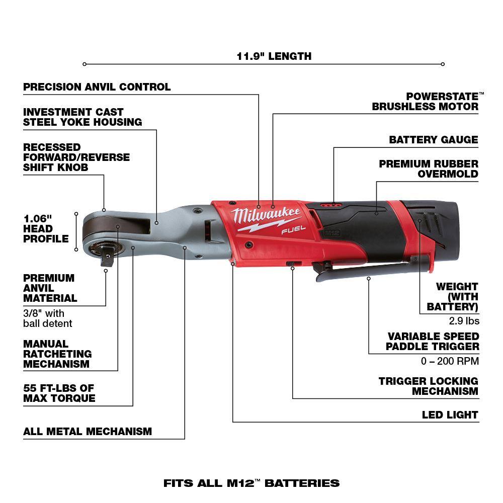 Milwaukee M12 FUEL 12V Li-Ion Brushless 3/8 in. Cordless Ratchet Kit with (2) 2.0Ah Batteries, Charger & Tool Bag & 5.0 Ah Battery 2557-22-48-11-2450