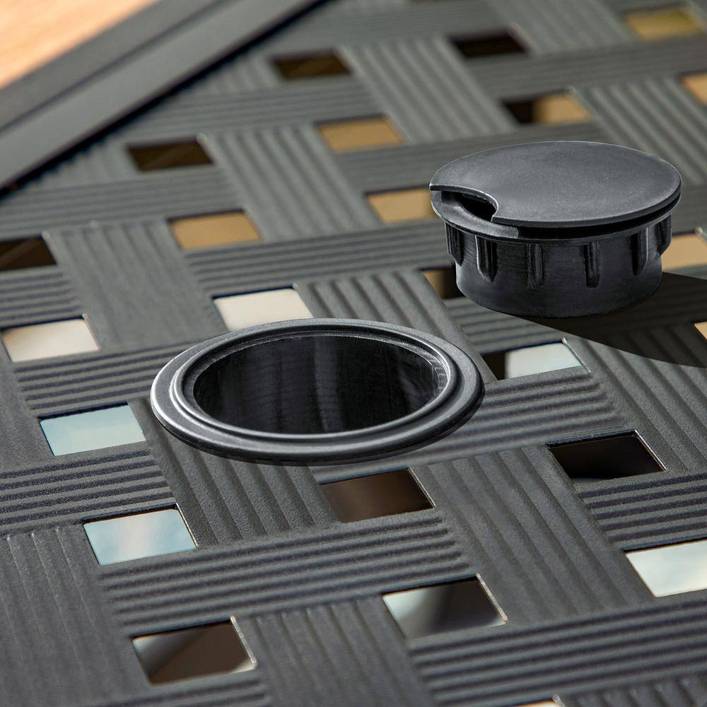 PHI VILLA Black 8-Piece Metal Rectangle Patio Outdoor Dining Set with Geometric Table, Umbrella and Textilene Swivel Chairs THD8-104-93BZ