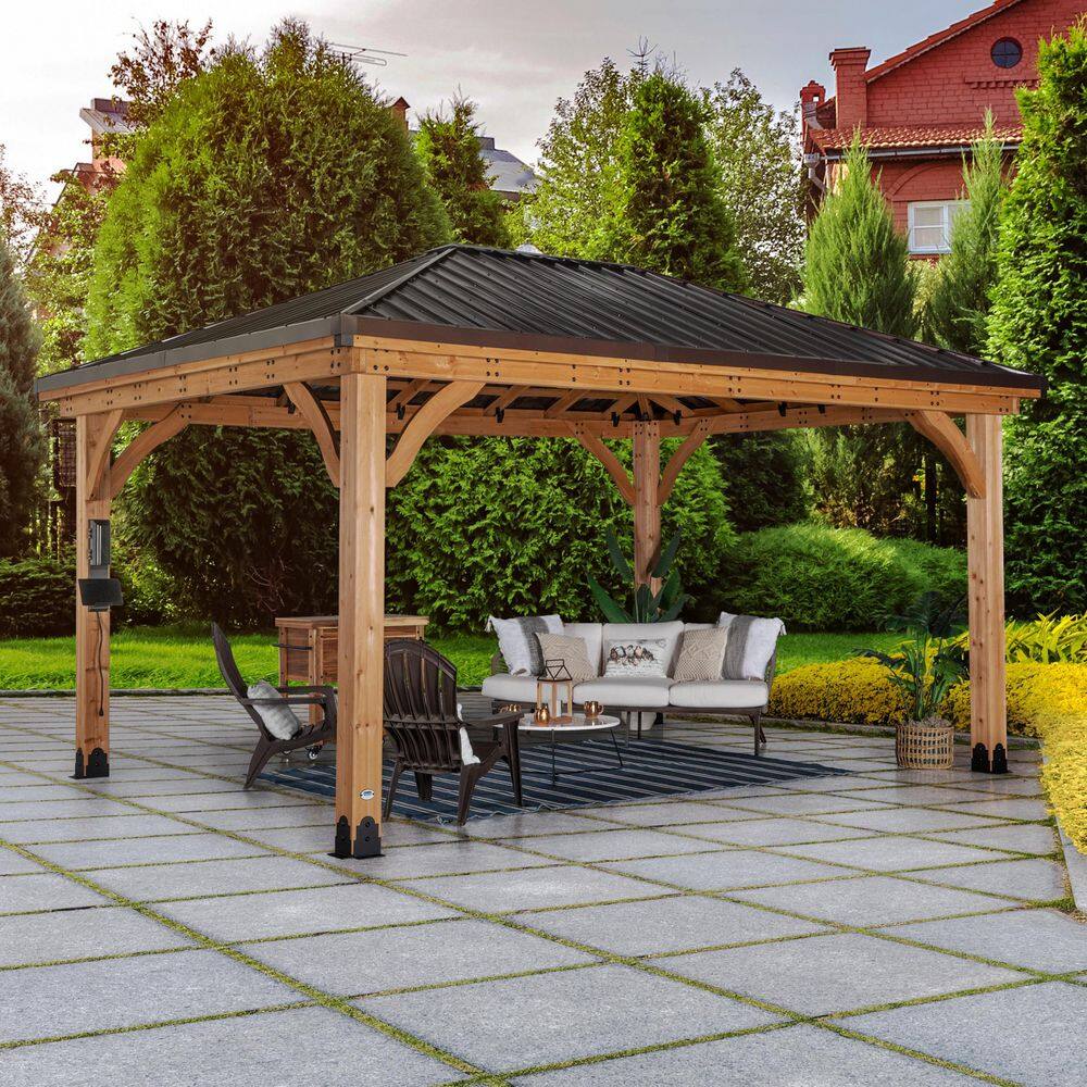 Backyard Discovery Barrington 16 ft. x 12 ft. All Cedar Wood Outdoor Gazebo Structure w/Hard Top Steel Metal Hip Roof and Electric, Brown 2206052COM