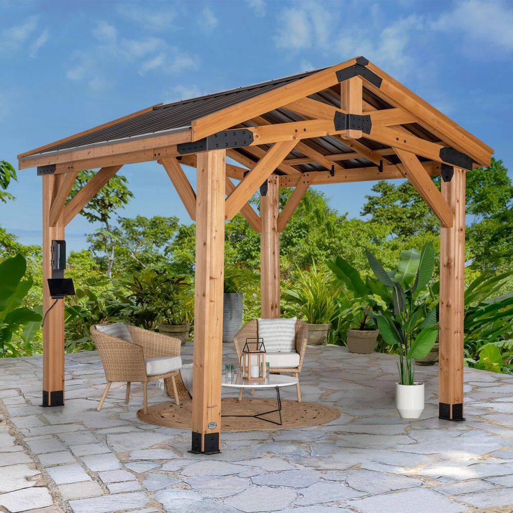 Backyard Discovery Norwood 10 ft. x 10 ft. All Cedar Wood Outdoor Gazebo Structure with Hard Top Steel Metal Peak Roof and Electric, Brown 2206069COM
