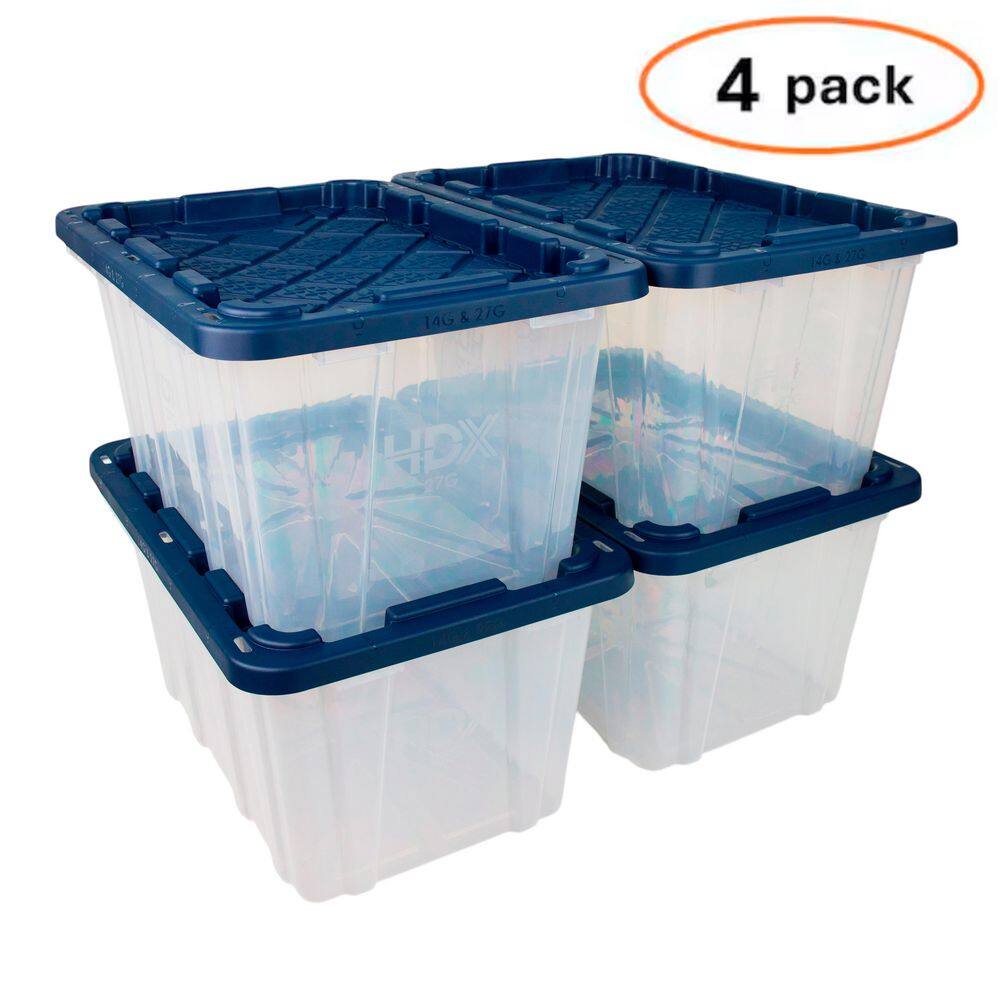 HDX 27 Gal. Tough Storage Tote in Clear with Moonlit Ocean Lid (4-Pack) 999-HDX-274122C