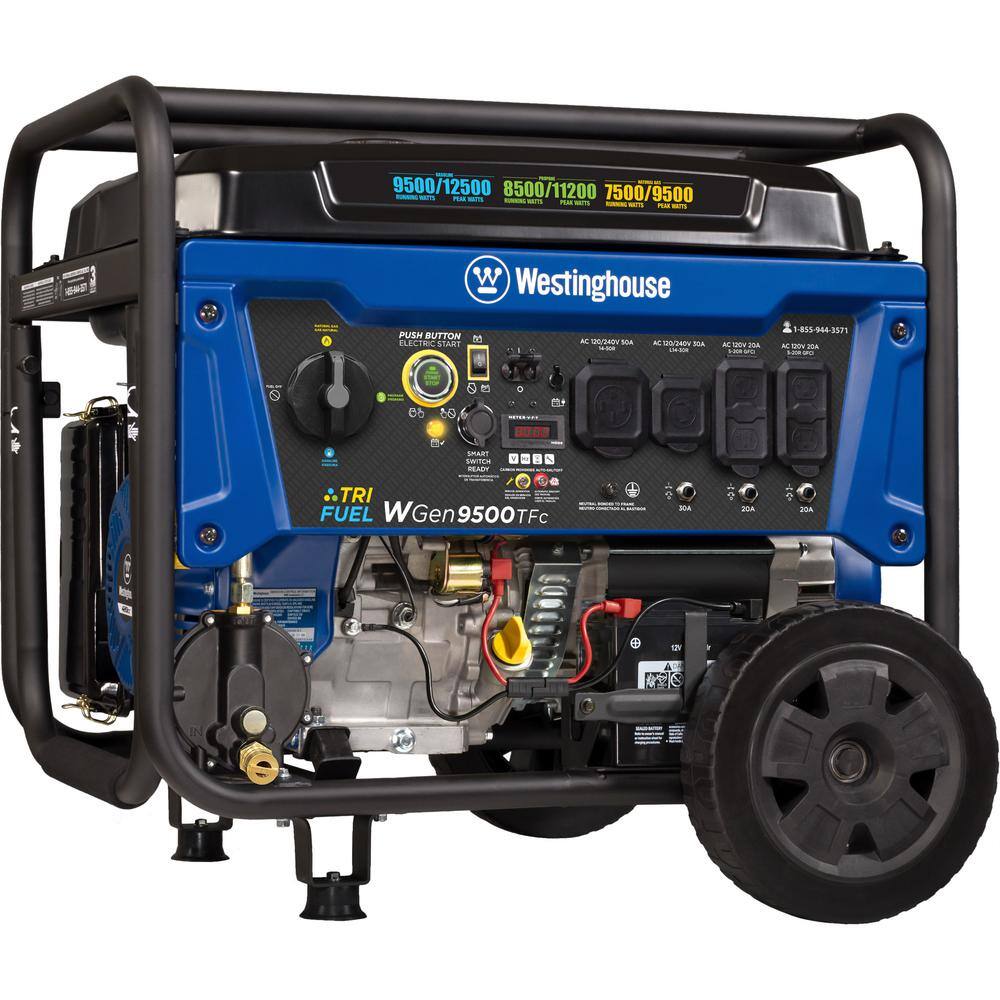 Westinghouse 12,500/9,500-Watt Tri-Fuel Gas, Propane, Natural Gas Powered Portable Generator with Remote Electric Start, 50A Outlet WGen9500TFc