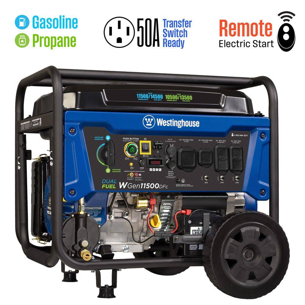 Westinghouse 14,500-Watt/11,500-Watt Remote Start Dual Fuel Gas and Propane Portable Generator with Transfer Switch Outlet, CO Sensor WGen11500DFc