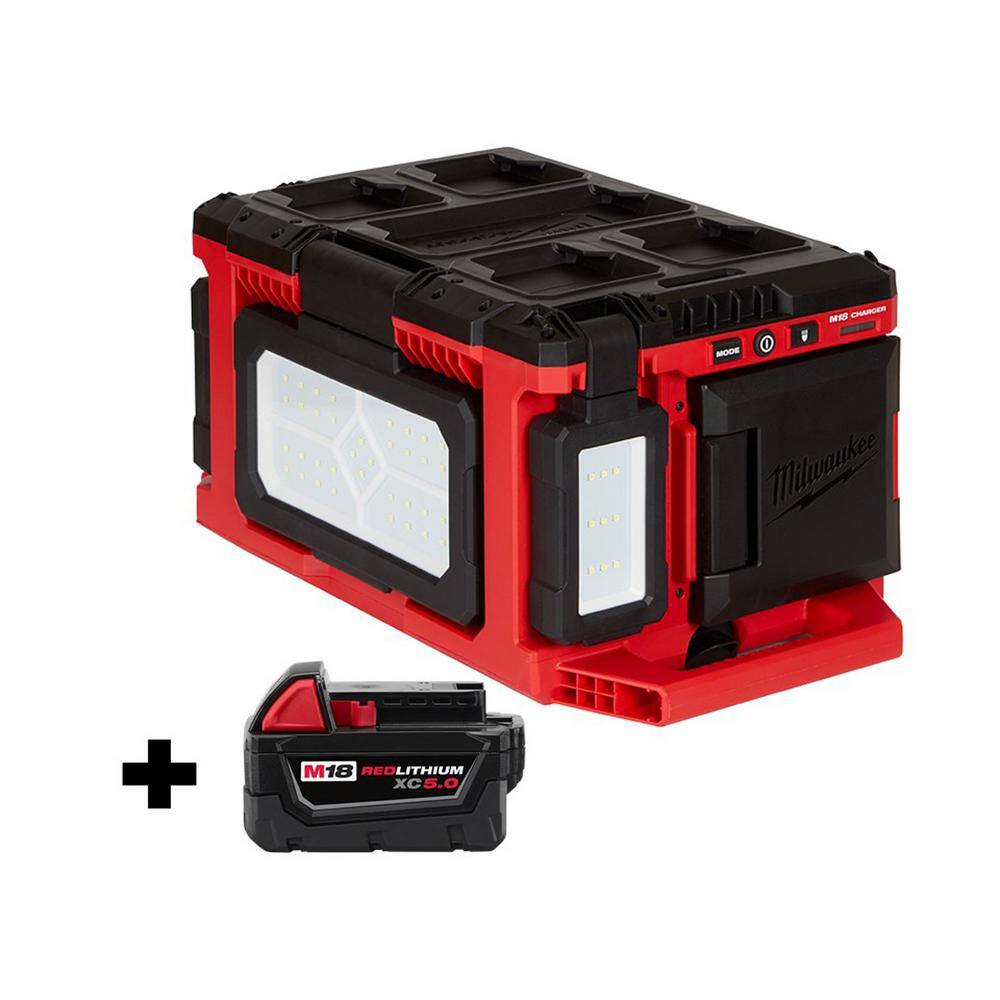 Milwaukee M18 18-Volt Lithium-Ion Cordless PACKOUT 3000 Lumens LED Light with Built-In Charger with (1) 5.0 Ah Battery 2357-20-48-11-1850