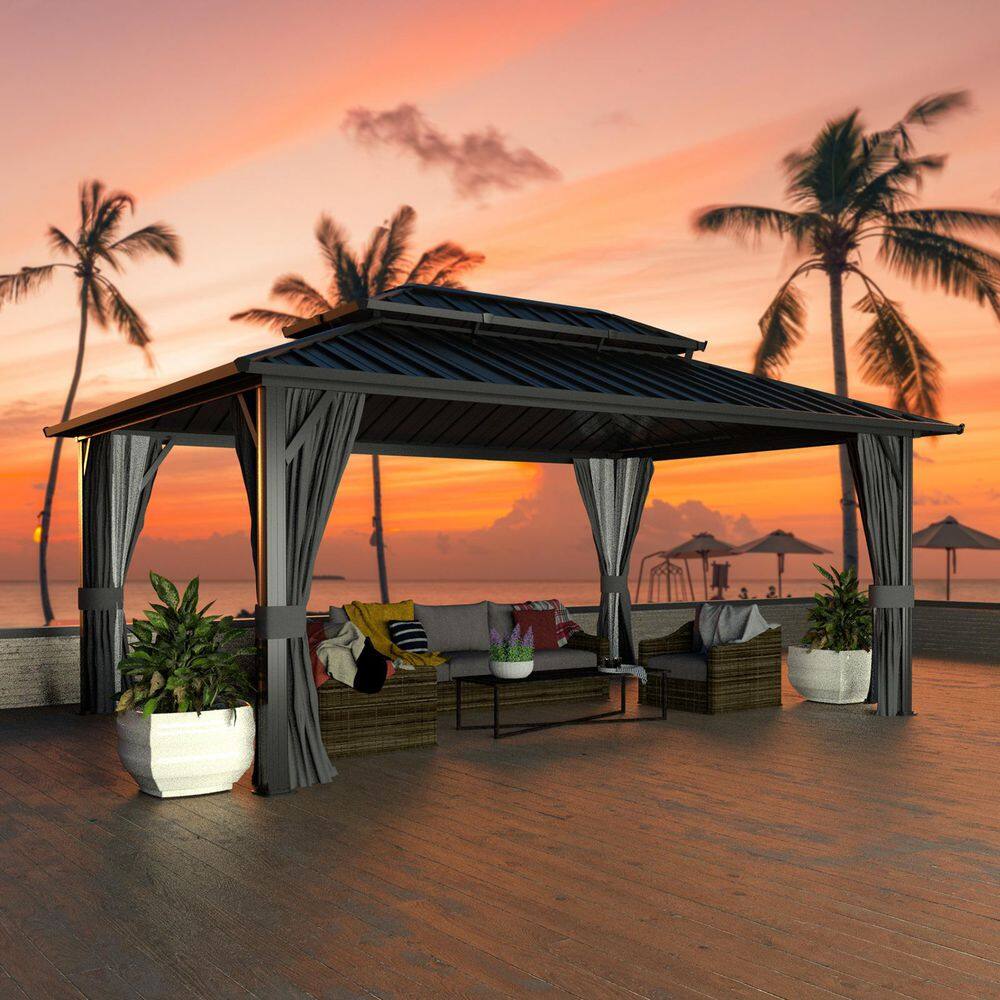 VEIKOUS 16 ft. x 12 ft. Aluminum Double Hardtop Gazebo with Grey Curtains and Netting PG0201-28-6