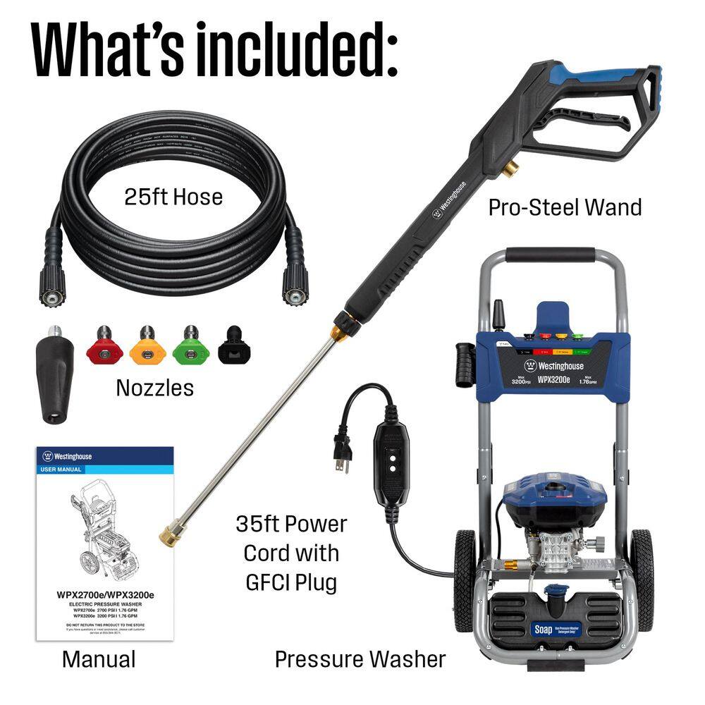 Westinghouse 3200 PSI 1.76 GPM 13 Amp Cold Water Electric Powered Pressure Washer with Turbo Nozzle and 5 Quick Connect Tips WPX3200e