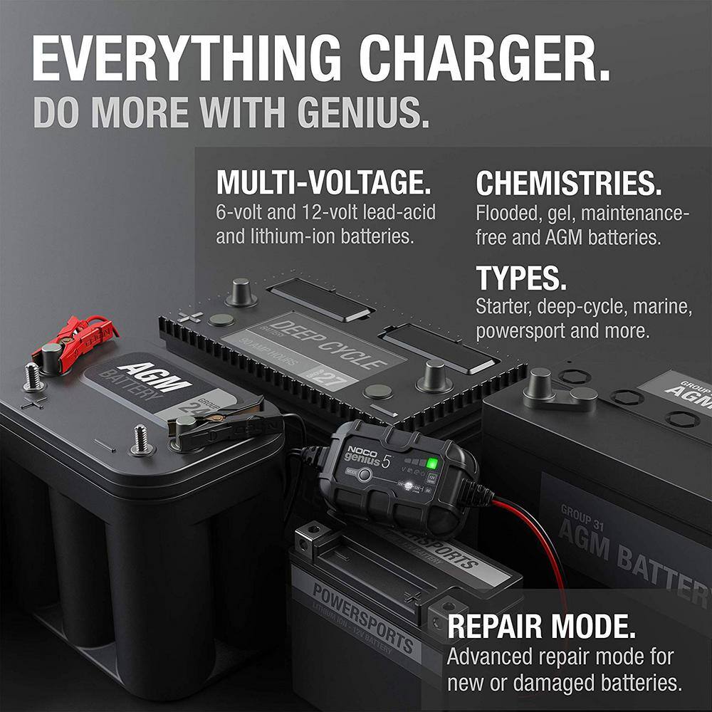 NOCO GENIUS GENIUS5, 5-Amp Fully-Automatic Smart Charger, 6V & 12V Battery Charger & Maintainer Genius5