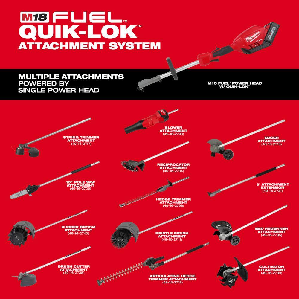 Milwaukee M18 FUEL QUIK-LOK Hedge Trimmer Attachment w/M18 FUEL 10 in. Pole Saw, Edger, Brush Cutter Attachments (4-Tool) 49-16-2719-49-16-2720-49-16-2738-49-16-2