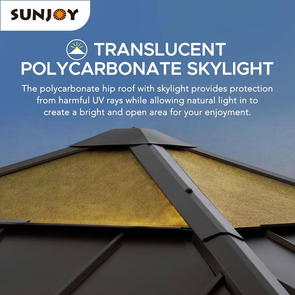 Sunjoy 11 ft. x 11 ft. Outdoor Patio Cedar Framed Hardtop Gazebo with Brown Steel Hip Roof and Frosted Polycarbonate Skylight A102007260
