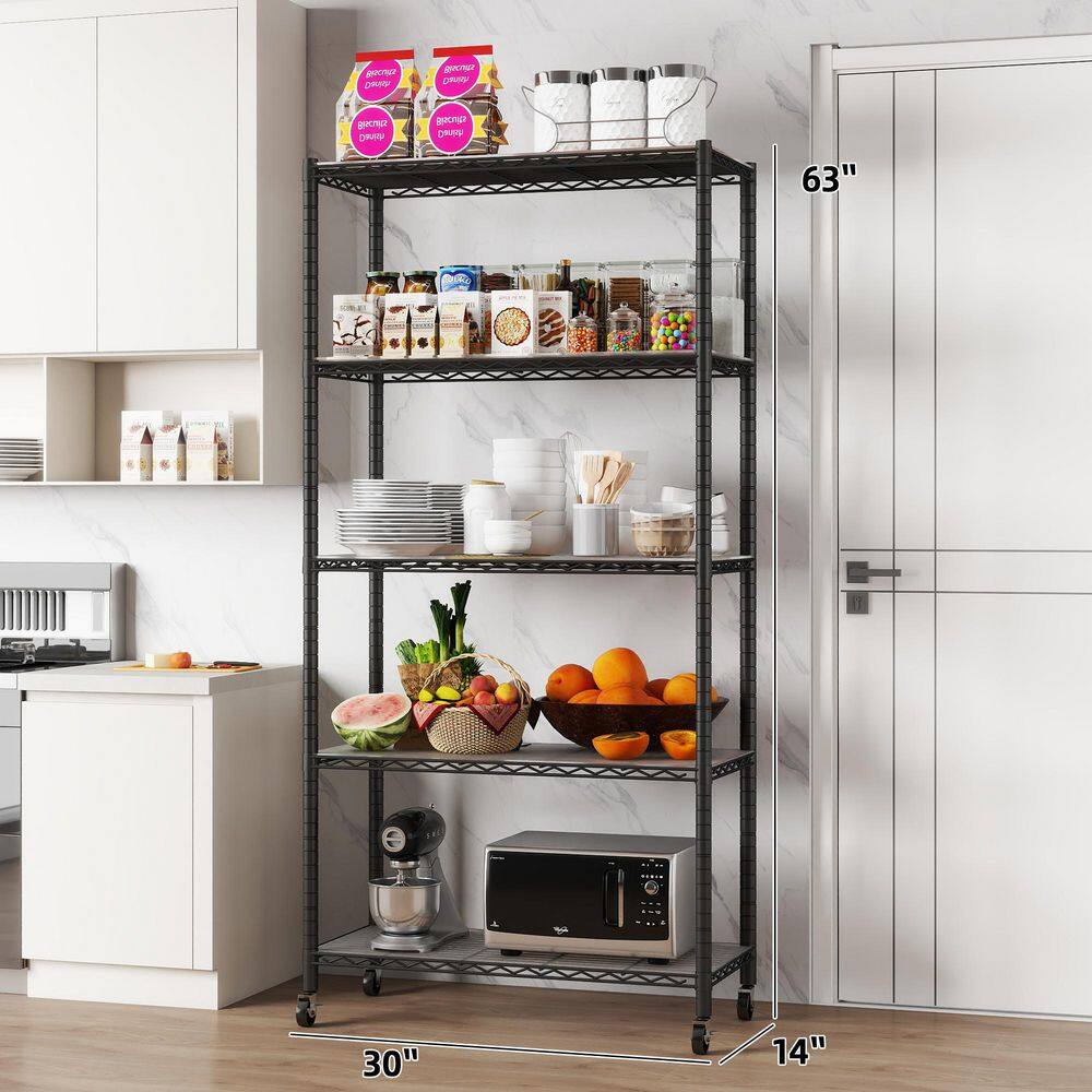 EFINE Black 5-Tier Rolling Carbon Steel Wire Garage Storage Shelving Unit with Casters (30 in. W x 63 in. H x 14 in. D) RL200-5W
