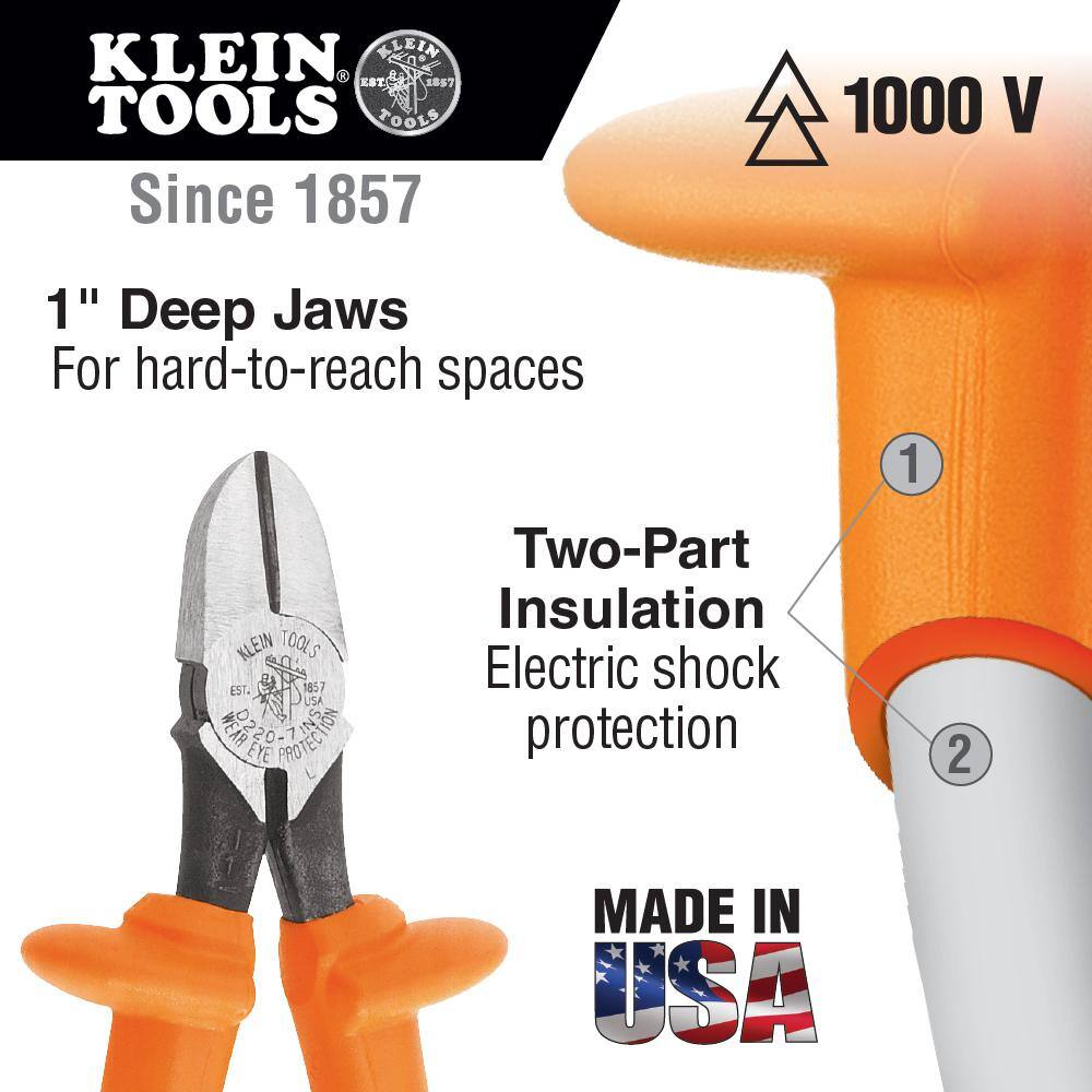 Klein Tools 7 in. Insulated Heavy Duty Diagonal Cutting Pliers with Tapered Nose D220-7-INS