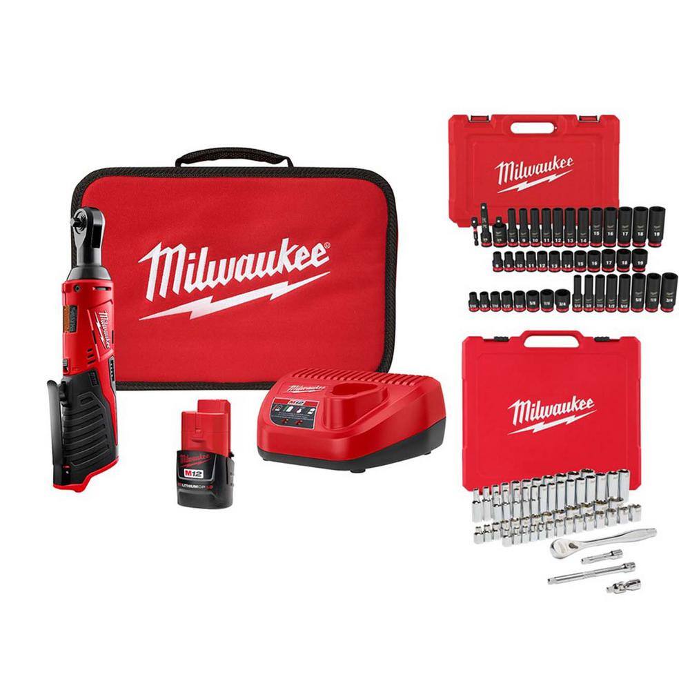Milwaukee M12 12V 3/8 in. Lithium-Ion Cordless Ratchet Kit w/3/8 in. Drive SAE/Metric Mechanics & Impact Socket Set (100-Piece) 2457-21-48-22-9008-49-66-7009