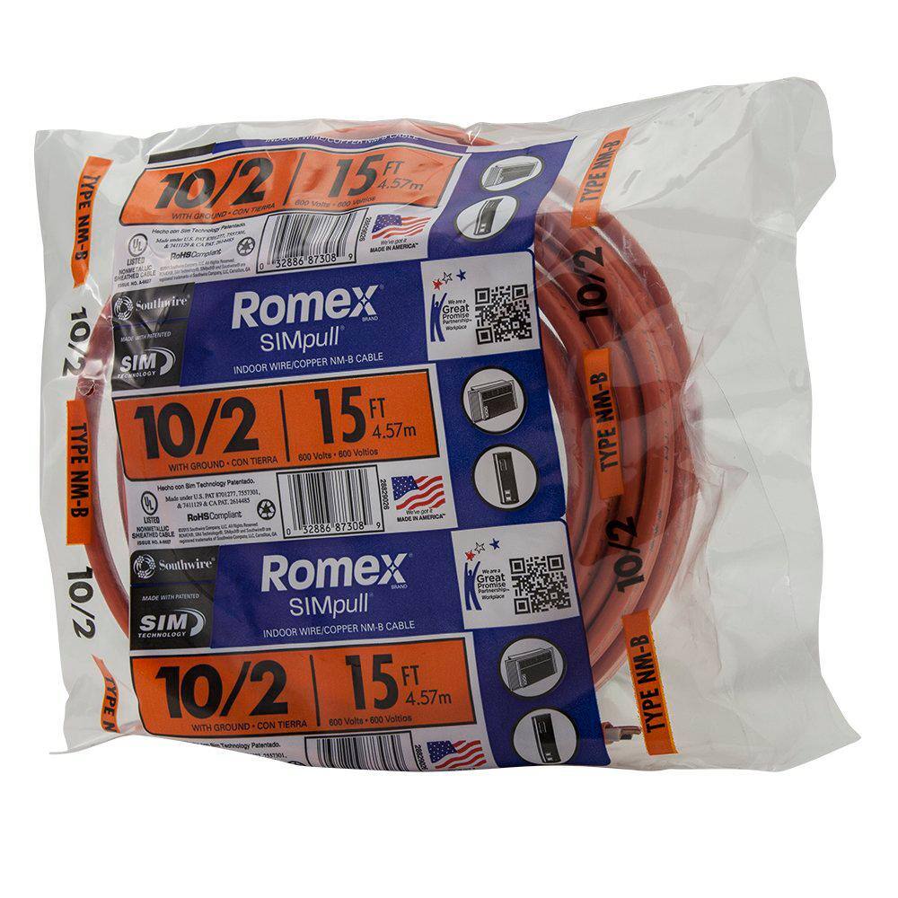 Southwire 15 ft. 10/2 Solid Romex SIMpull CU NM-B W/G Wire 28829026