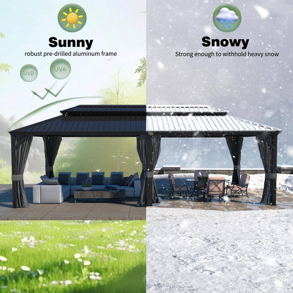 VEIKOUS 24 ft. W x 14 ft. L Aluminum Double Hardtop Gazebo with Curtains and Netting PG0201-24-4