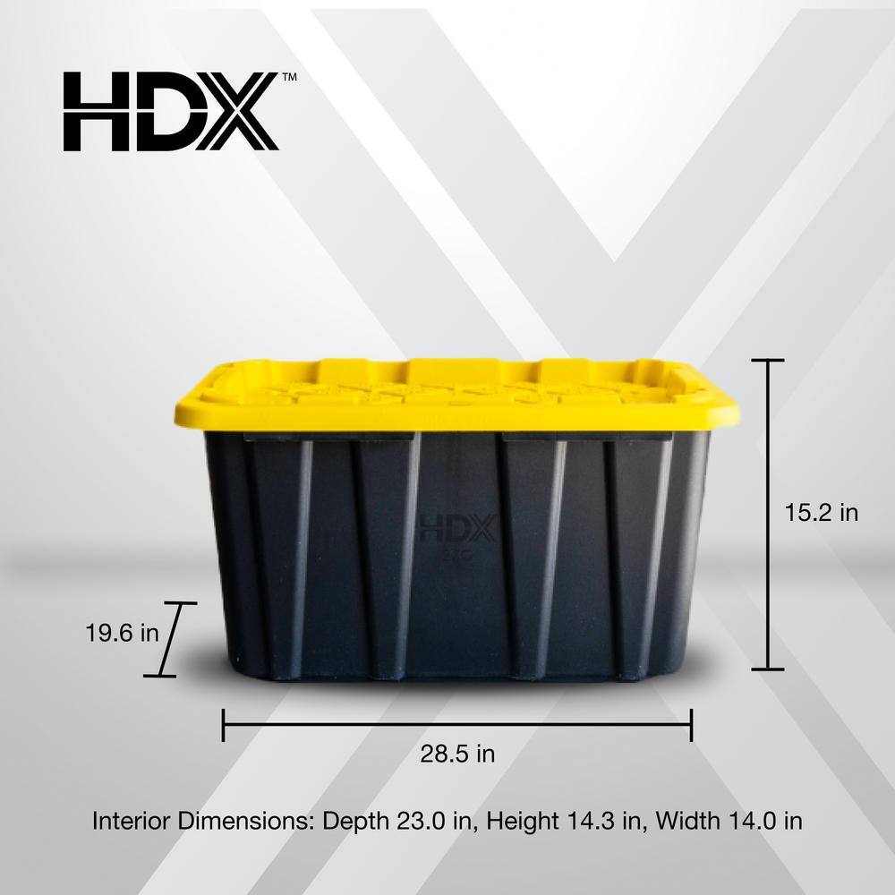 HDX 27 Gal. Tough Storage Tote in Black with Yellow Lid (4-Pack) 999-HDX-27G-4