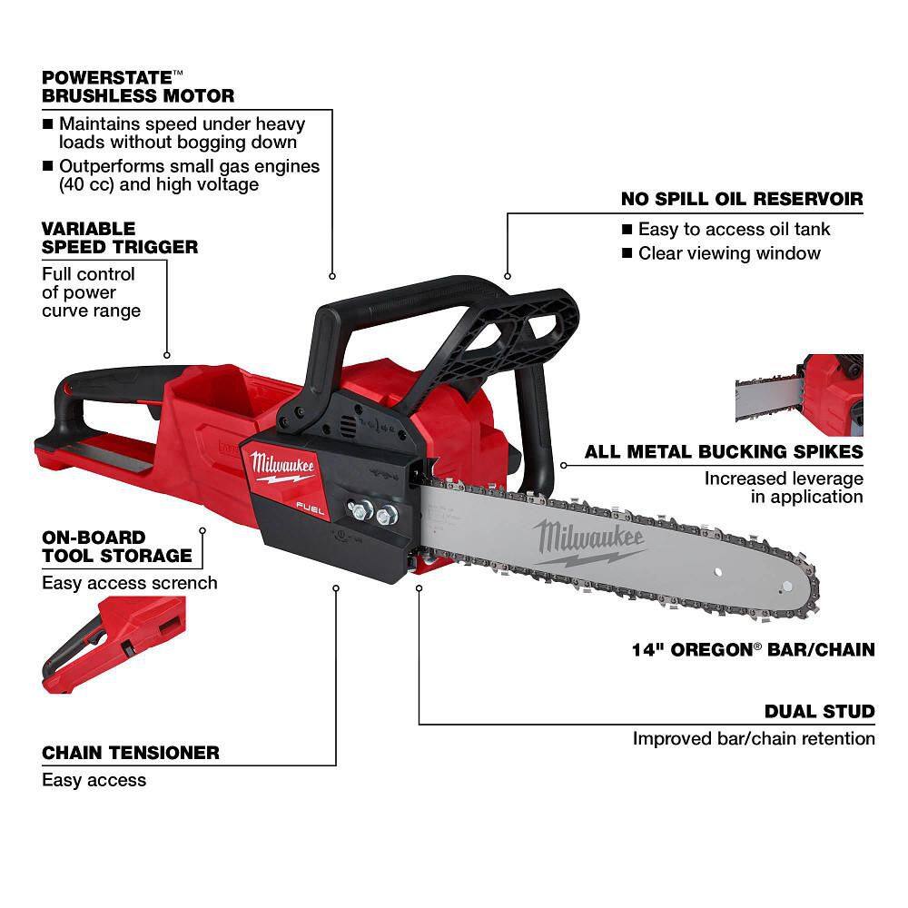 Milwaukee M18 FUEL 14 in. 18V Lithium-Ion Brushless Battery Chainsaw (Tool-Only) 2727-20C