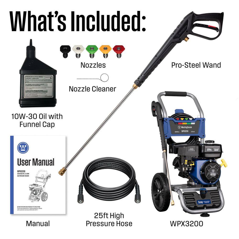 Westinghouse 3200 PSI 2.5 GPM Gas Powered Axial Cam Pump Cold Water Pressure Washer with Soap Tank and 5 Quick Connect Tips WPX3200